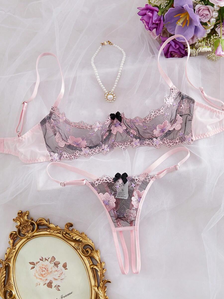 Conjunto de lencería con tul bordado con flores, acolchado y con alambre para mujer, dulce y energética