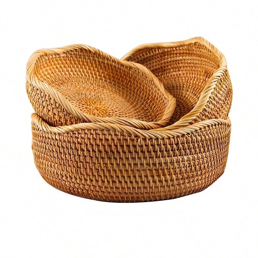 1pc/3pcs Rattan Woven Fruit Basket, Wavy Edge Bread Basket, Decorative Serving Basket For Living Room, Desktop, Bathroom, Kitchen Cabinet Storage Rack, Farmhouse Countertop Fruit Basket, Home Decor Gift Baskets
