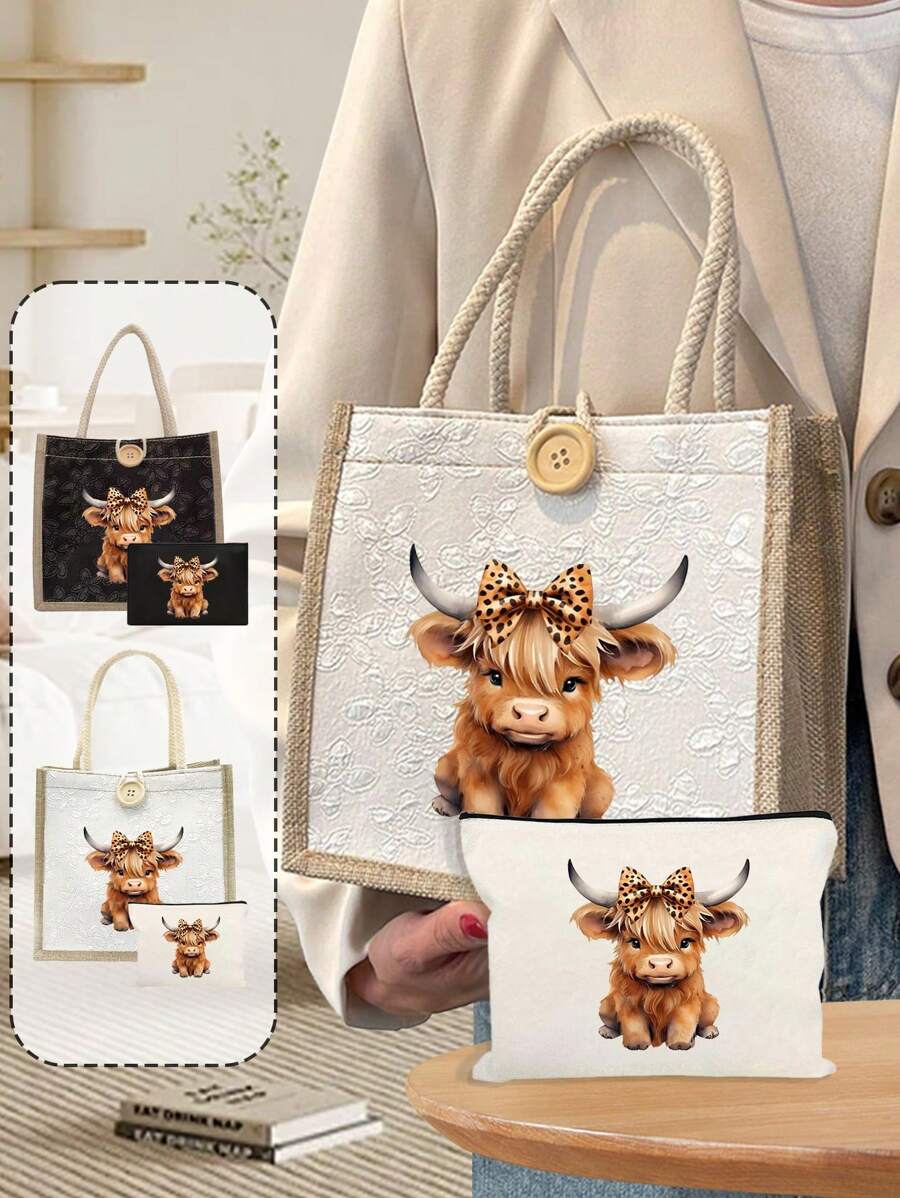 Bolsa tote estampada com tema de vaca das Terras Altas, leve uma bolsa de maquiagem com a mesma cor, portátil, reutilizável, leve, bolsa de mão, bolsa de ombro de linho, bolsa de armazenamento, porta-moedas, bolsa de mão, bolsa de viagem essencial, bolsa de grande capacidade, sacola de compras estampada, adequada para escola, universidade, trabalho, negócios, deslocamento diário, atividades ao ar livre, viagens, feriados, presentes para professores, família, amigos, presente de Dia das Mães, compra obrigatória em 6 de junho
