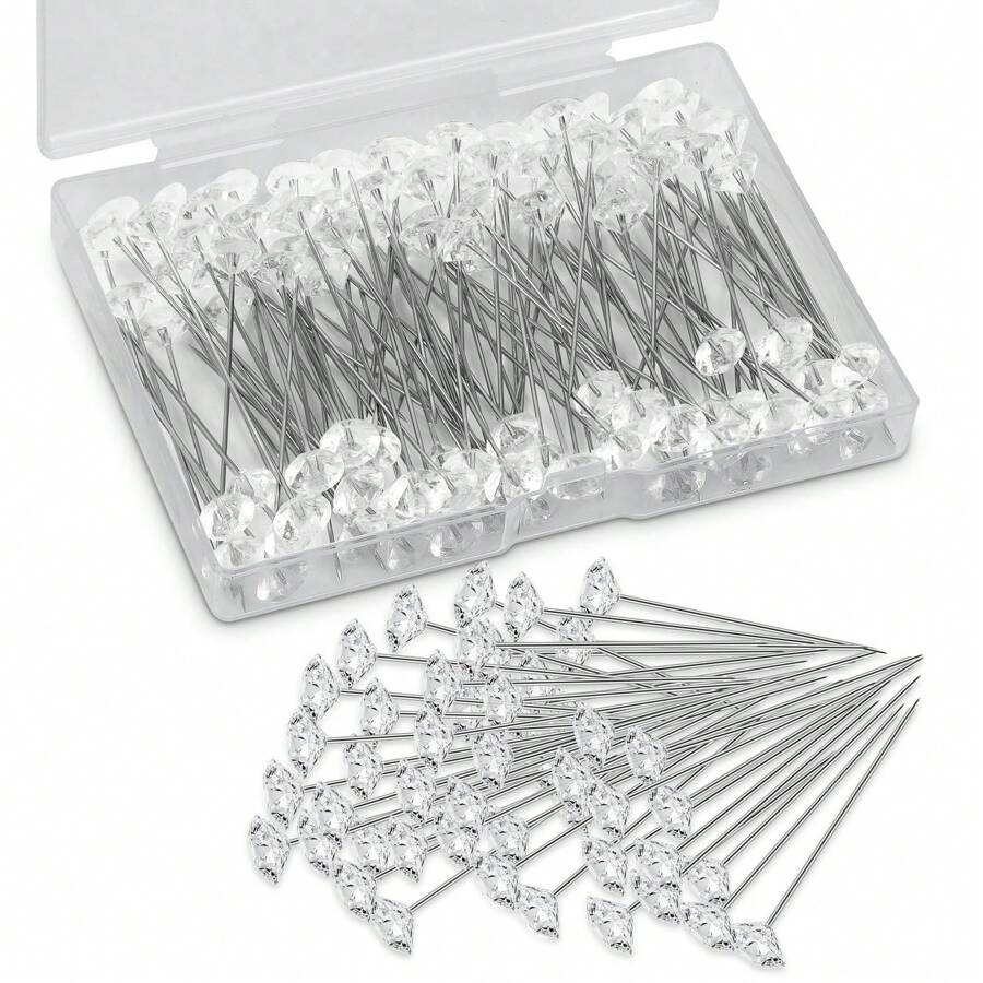 100pcs Bouquet Pin, 2.1-Inch Chest Pin, Rhinestone Rhinestone Crystal Head Pin, Elegant Boutonnere Pin, Straight Flower Pin, Wedding Anniversary Transparent Flower Pin DIY Craft, Jewelry Making And Sewing