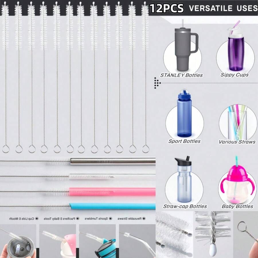 12PCS Straw Cleaning Brush, 9in/23cm Long Stainless Steel Straw Brush, 2in/5cm*0.4in/1cm White Nylon Brush, Suitable For 40/30/20 Oz , Cup, Water Bottle, Milk Cup, Glass Cup, Drinking Straw, Stainless Steel Straw, Glass Straw, Silicone Straw, Plastic Straw, Tube Or Hummingbird Feeder Straw, Reusable Pipe Straw Cleaner, Suitable For Multi-Purpose Cleaning Use In Home Kitchen