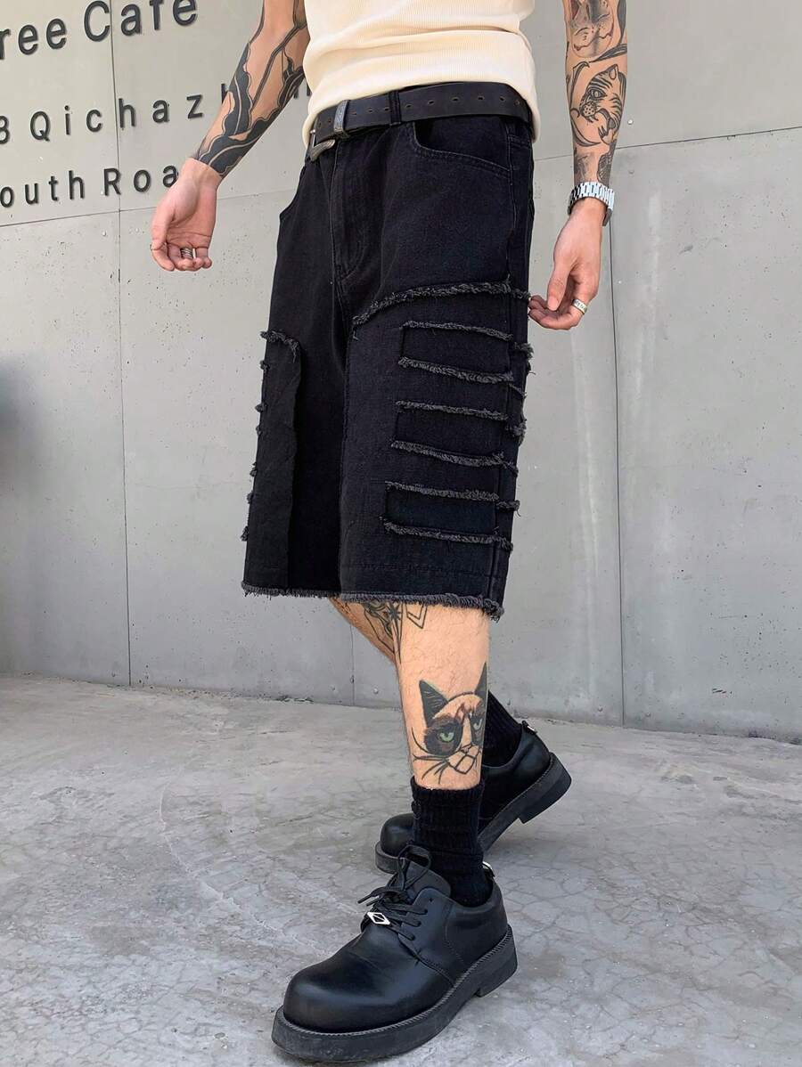 Shorts vaqueros casuales de corte holgado con estilo callejero pionero de parches negros para hombres GlobeSwift, aptos para primavera/verano