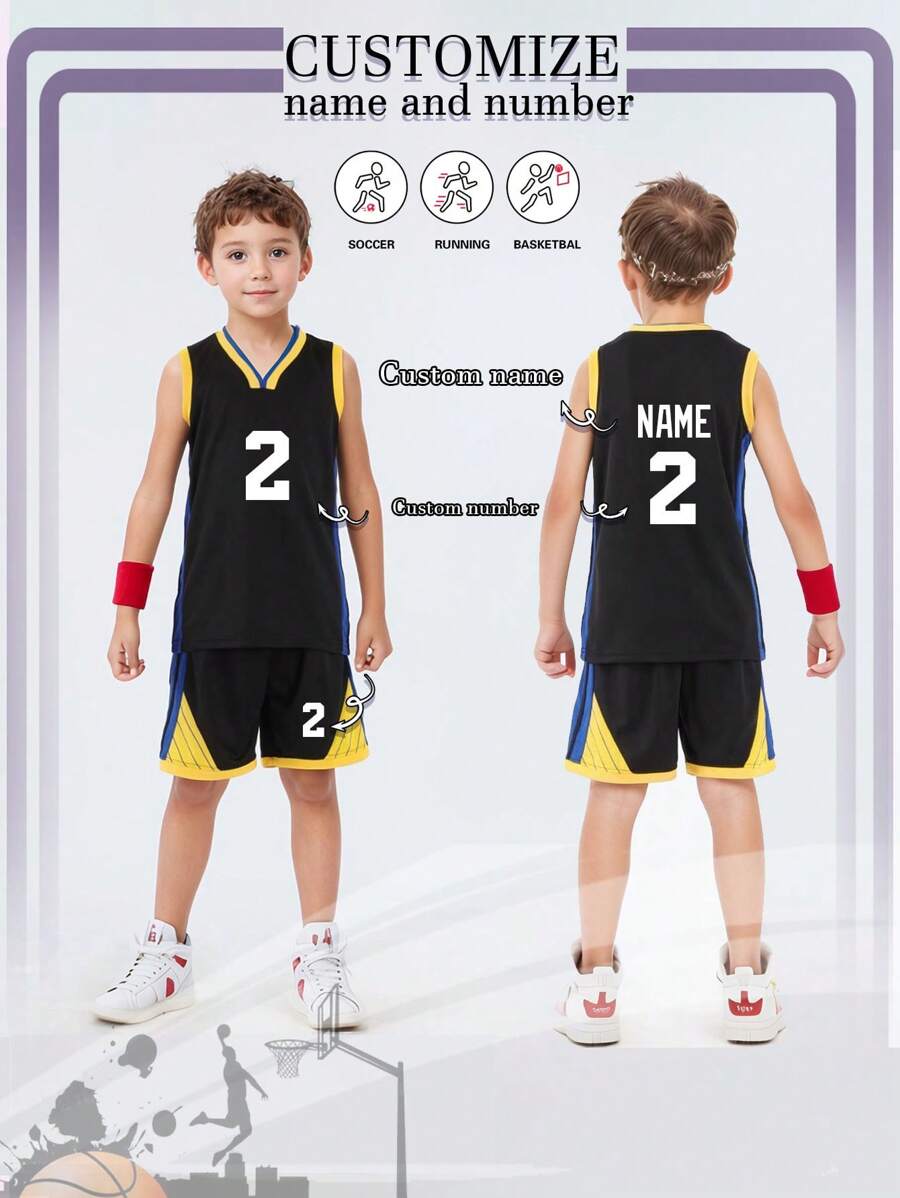 2pcs Boys Personalized Basketball Jersey, Kids Summer Sports Suit, Black Sleeveless Basketball Set, Boys Vest Set Custom, Student Basketball Match Team Uniform Custom, Sleeveless Vest Custom Text, Boys Basketball Shirt, Black Basketball Suit, Student Basketball Uniform Custom Name, Basketball Uniform, Student Basketball Uniform, Boys & Girls Basketball Uniform, Children Basketball Uniform, Girls Basketball Jersey, Girls Personalized Basketball Jersey