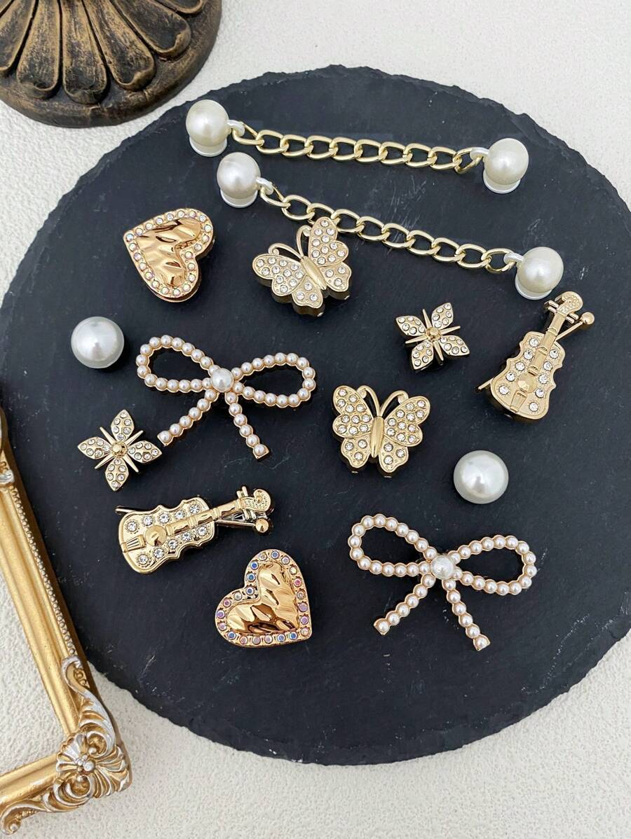 14pcs Wooden Clog Charms (Pink Bow, Black Crown, Black Flower, Golden Diamond Chain) - Detachable DIY Decorations For Customizing Mary Janes, Garden Shoes, Clogs, Sandals, And Beach Bags - Perfect Gift For Holidays, Parties And Special Occasions