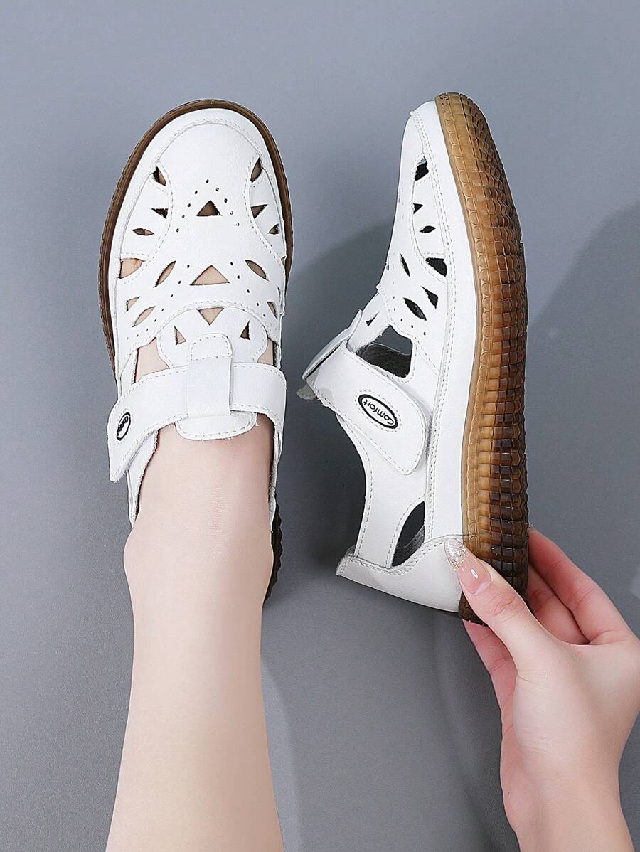 Damen Outdoor-Sandalen, einfarbige lässige vintage Sportssandalen aus PU-Leder mit Klettverschluss, für Frühling/Sommer