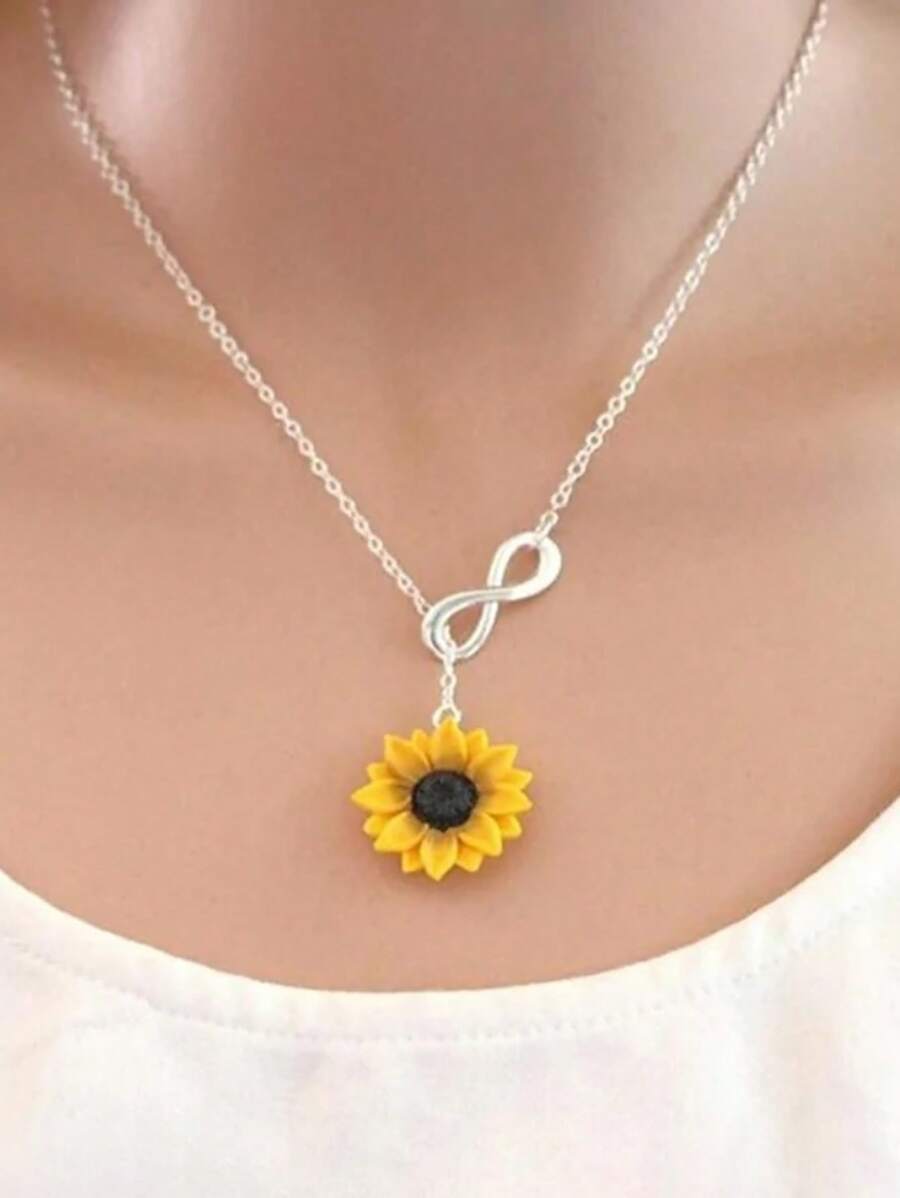 1pc Bohemian Style Lucky Infinity Symbol Silver Necklace Is Suitable For Women. The Country Style Retro Sunflower Long Silver Necklace Is A Summer Charm Necklace For Women. It Is Suitable For Ladies To Wear Daily And Give As A Gift To Good Friends