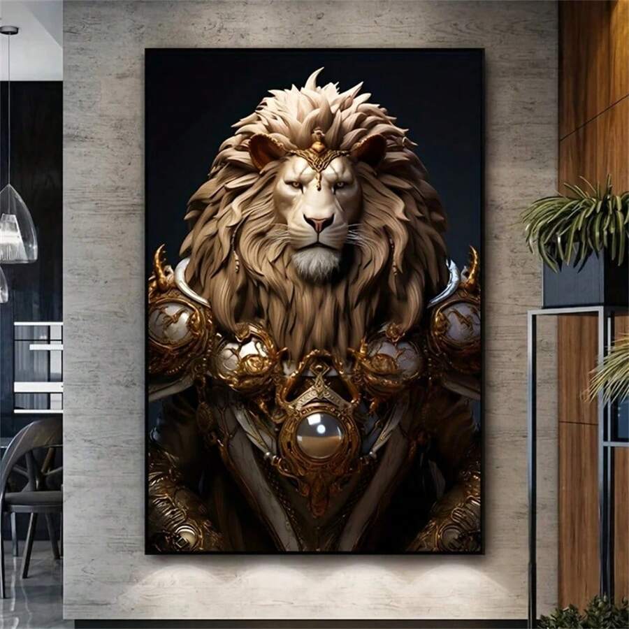 1pc Pc Striking Golden & White Lion With Ornate Design, Contemporary Wall Decor For Bedroom & Living Room, Lion Wall Decor,No Frame