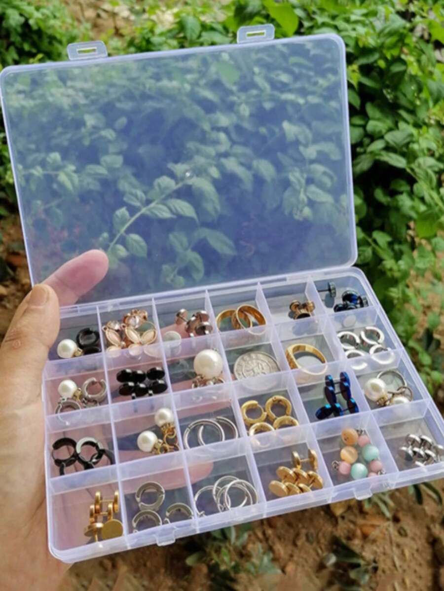 1pc Minimalist 24 Grids Transparent Plastic Jewelry Box, Storage Box For Rings, Earrings, Nail Art, With LidFor Women Storage Organizer Travel Essentials Back To School