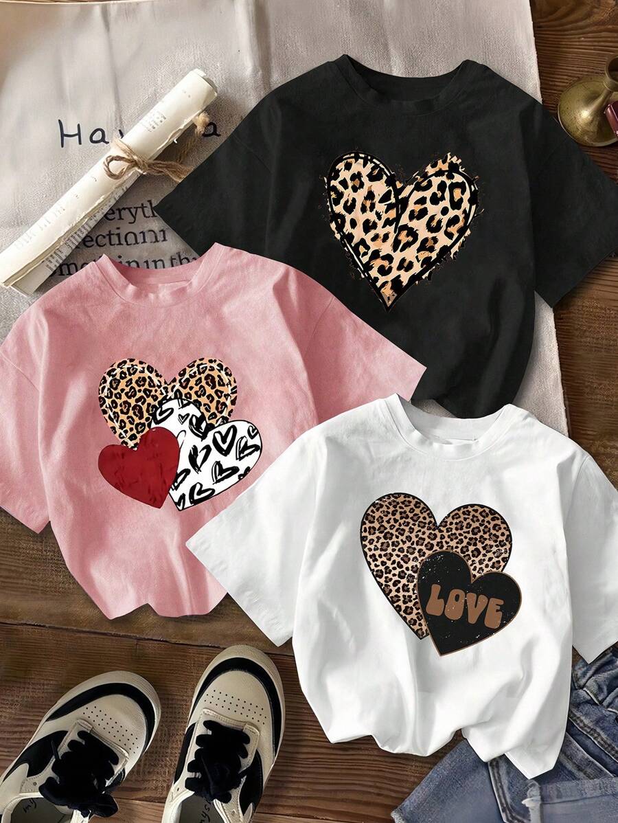 Set de 3 camisetas de manga corta de verano para niña preadolescente, con estampado de leopardo y corazón, de estilo informal y combinables