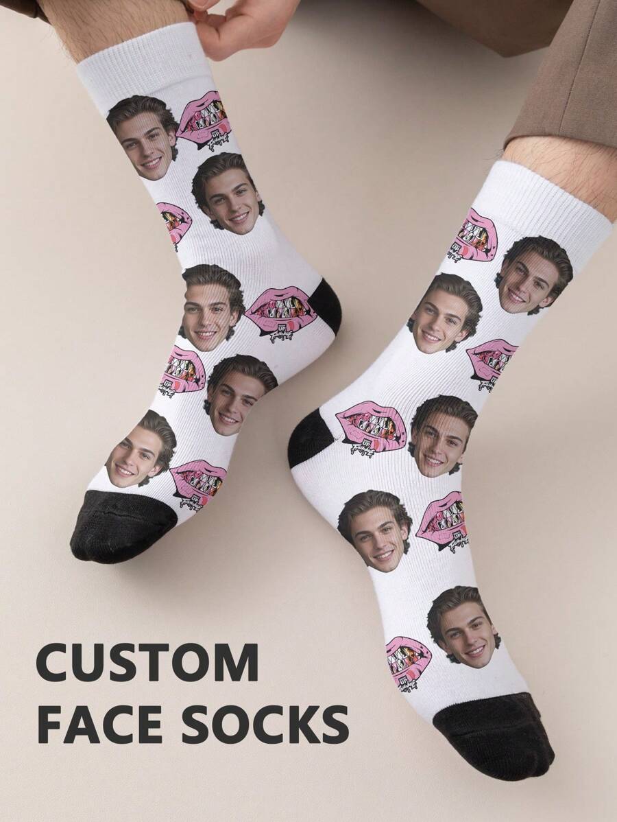 1 paire de chaussettes mi-longues pour hommes avec visage personnalisé. Chaussettes personnalisées avec photos, chaussettes moyennes et longues amusantes et personnalisées, convenant pour des occasions telles que la Saint-Valentin, les anniversaires et les cadeaux. Personnalisé, amusant et coloré