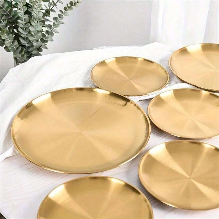 1 pieza Bandeja dorada de acero inoxidable para postre, café, plato occidental, plato para pizza, plato de alimentos para desayuno, café, té, bandeja decorativa dorada para servir, suministros para fiestas de cumpleaños, Acción de Gracias, Pascua, Navidad (Dorado), Cocina, Regalo de Navidad