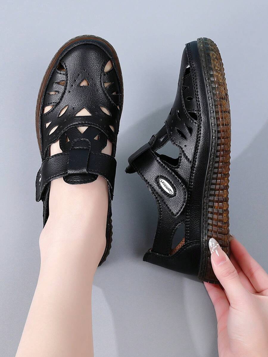 Damen Outdoor Lässig Sandalen aus PU-Leder, Einfarbig, Retro-Stil, sportlich, verstellbarer Klettverschluss, geeignet für Frühling & Sommer