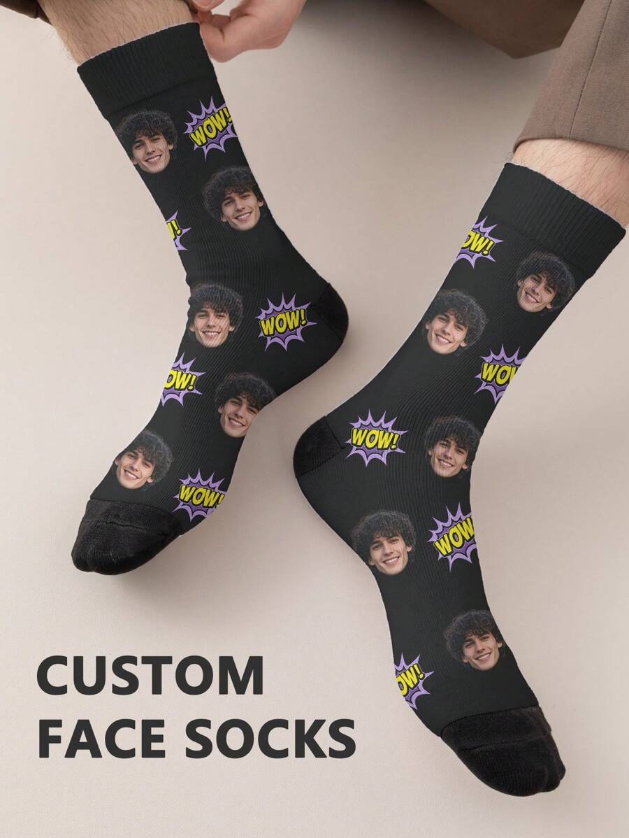 1 paire de chaussettes mi-longues personnalisées pour hommes. Mettez n'importe quel visage sur les chaussettes, chaussettes personnalisées avec photos, chaussettes mi-longues et longues amusantes et personnalisées, convenant pour des occasions comme la Saint-Valentin, les anniversaires et les cadeaux.