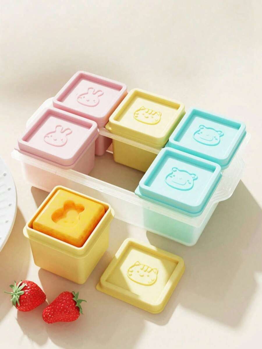 Set de 6 recipientes de silicona para almacenamiento de alimentos para bebés con patrones aleatorios, cajas divisoras aptas para congelador con tapas, bandejas para puré hecho en casa