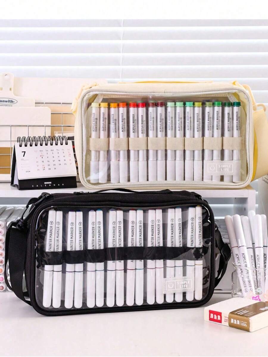 1pc Marker Pens Storage Bag Pencil Case Transparent Front Multi Slots Easy Carry-On Handle, Large Capacity For 64 Brush Marker Pens, School Student Art Supplies