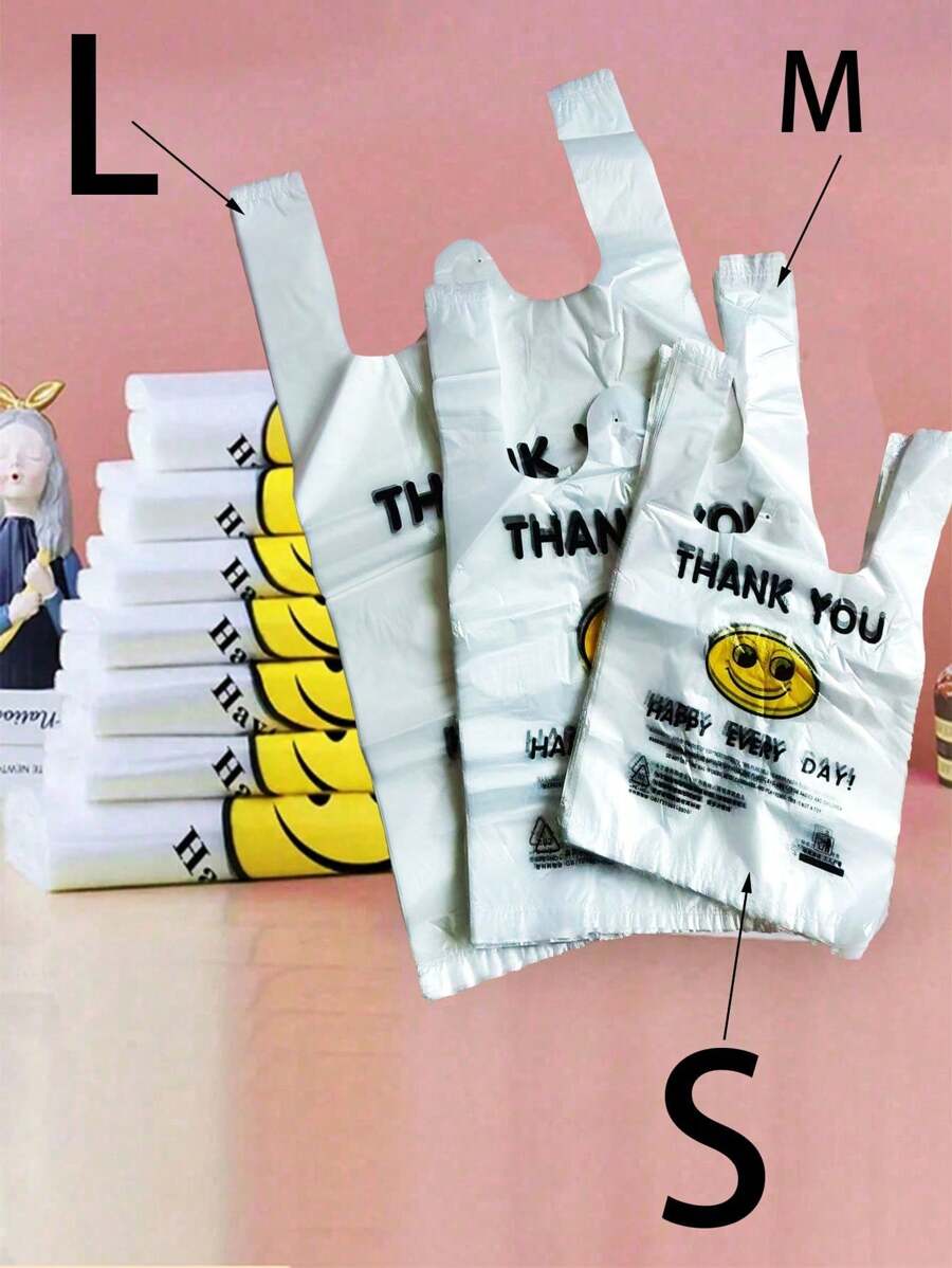 50pcs/100pcs Reusable Plastic Shopping Bags - Ideal For Groceries, T-Shirts Etc - Suitable For Stores, Malls And Home Use, Random Patterns/Text, Convenient Bags, Shopping Bags, Tote Bags, Storage Bags, Garbage Bags, Mother's Day, Holiday Party Packaging, Some Printing/Marks Won't Affect Usage