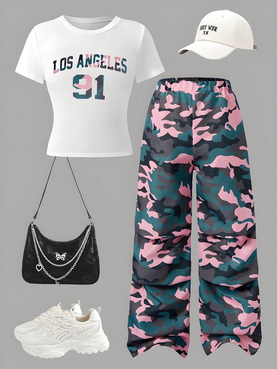 Set de 2 piezas de conjunto de verano para chicas adolescentes: Camiseta estampada con cuello redondo de Los Ángeles y pantalones rectos tipo camuflaje, conjunto de moda casual