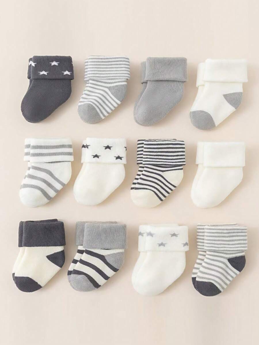 12 Pairs Classic Star Striped Cotton Baby Socks, Warm Thick Knit, Suitable For Infants, Toddlers And Adults