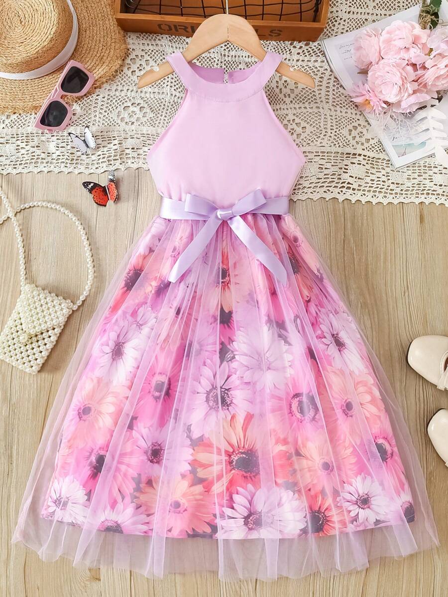Vestido Mesh Estampa de Margarida para Meninas Pré-Adolescentes, Primavera/Verão