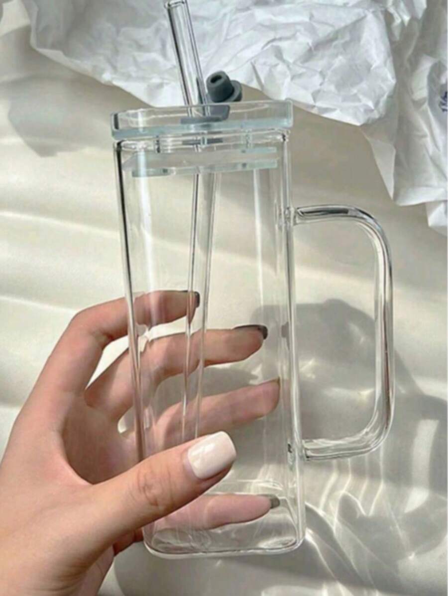 1pc Transparent Glass Water Cup, Highly Attractive Summer Juice Cup, Cup With Straw Lid Three Pieces Set