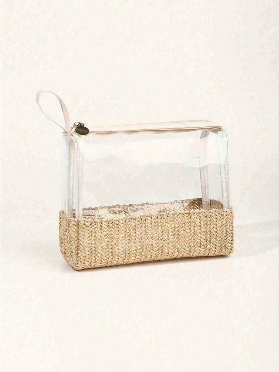 Bolsa de maquiagem transparente, bolsa de higiene pessoal, bolsa de cosméticos de viagem, bege, transparente, à prova d'água, de PVC, com zíper, bolsa de maquiagem compatível para mulheres e homens, pode ser usada para guardar cosméticos, artigos de higiene pessoal, roupas de banho, protetor solar, lanches, faixas de cabelo, artigos de papelaria, etc. Itens essenciais de viagem, férias, verão, volta às aulas, bolsa de material escolar para a escola, bolsa de higiene pessoal, bolsa de viagem à prova d'água
