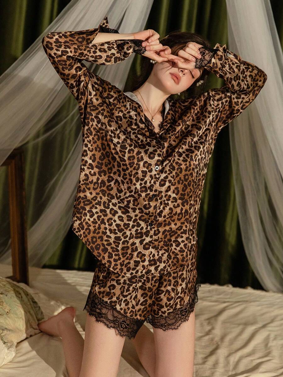 Sexy Underwear, High-Grade Leopard Print Home Clothes, Pure Desire, Lace, Sexy Boyfriend Style Shirt, Pajamas, Deep V Long-Sleeved Nightdress Sexy Lingerie Set