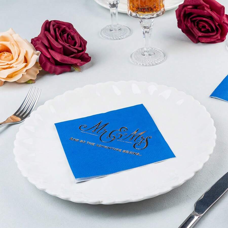 50pcs Gold Foil "Mr & Mrs" Disposable Napkins - 3 Ply Soft & Elegant, Suitable For Weddings, Bridal Showers, Anniversaries, Valentine's Day And Global Celebrations