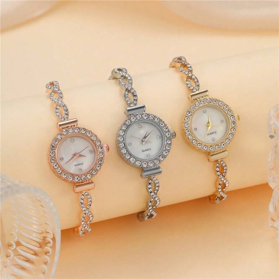 Set de 3 relojes de cuarzo elegantes y casuales para dama, con carátula redonda, diseño con diamantes y compacto