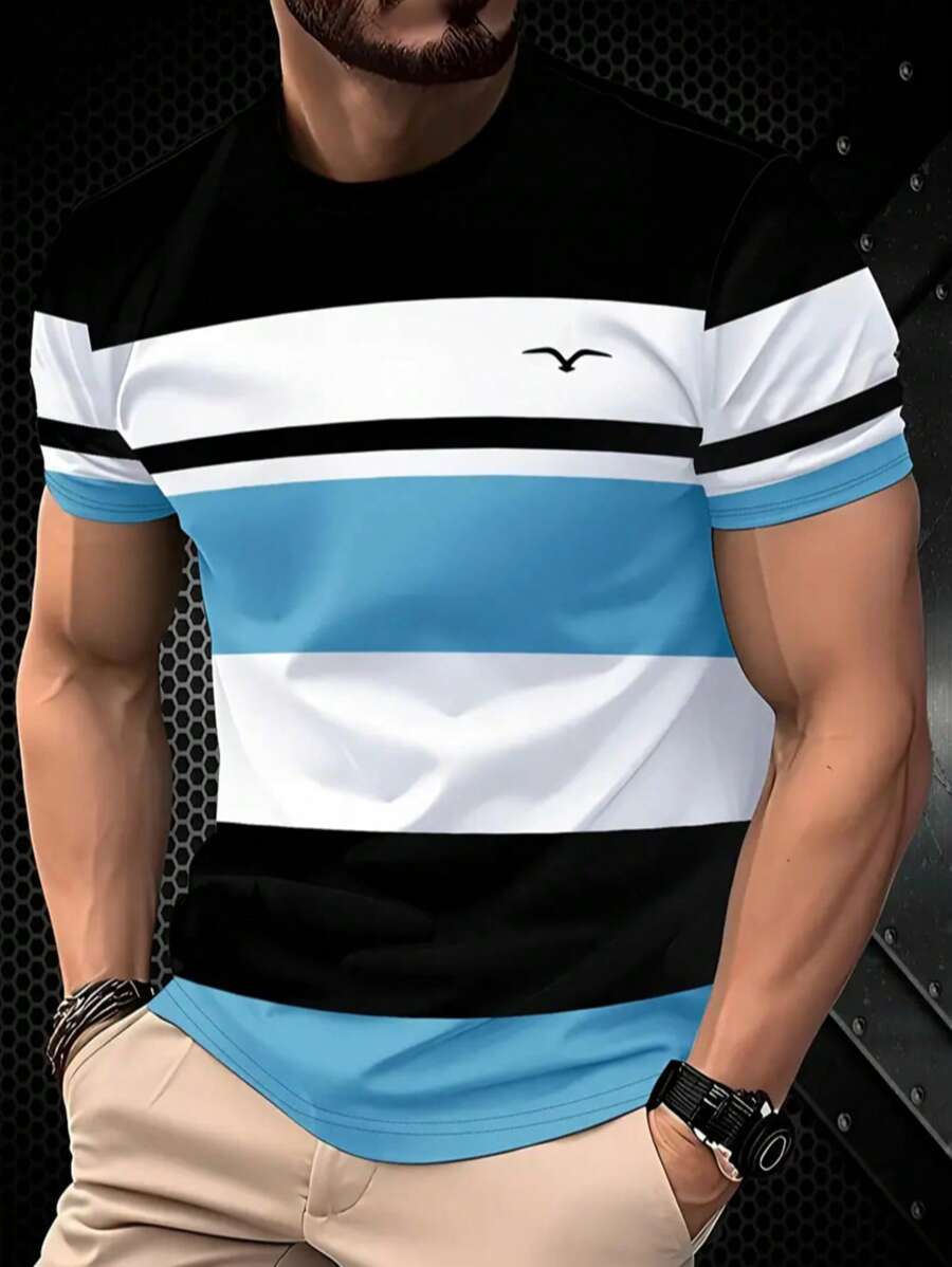 Camiseta casual de verano para hombres - a rayas en negro, blanco y azul, manga corta, cuello redondo, ligera y transpirable, ropa para exterior en primavera y verano, camiseta casual | Camisa casual deportiva | Camisa de ajuste cómodo