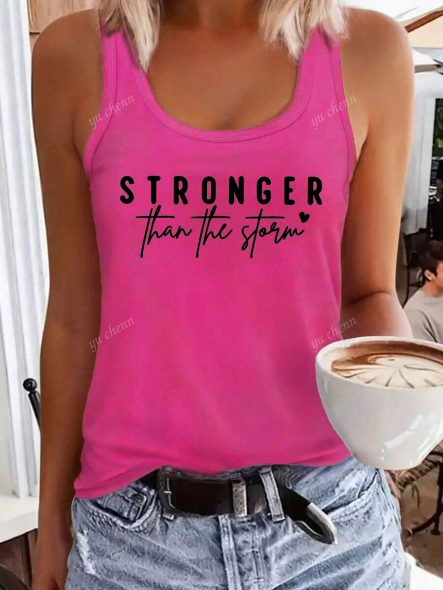 Top canotta rosa ispirazionale da donna "Più forte della tempesta" - senza maniche, collo tondo, in poliestere leggero, abbigliamento casual estivo e primaverile, lavabile in lavatrice