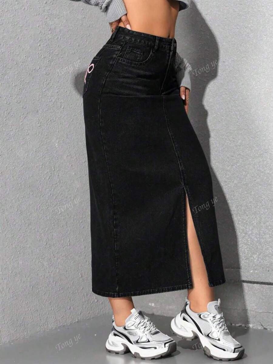 Gonna lunga di jeans casual vita alta con spacchi laterali e tasche per donna