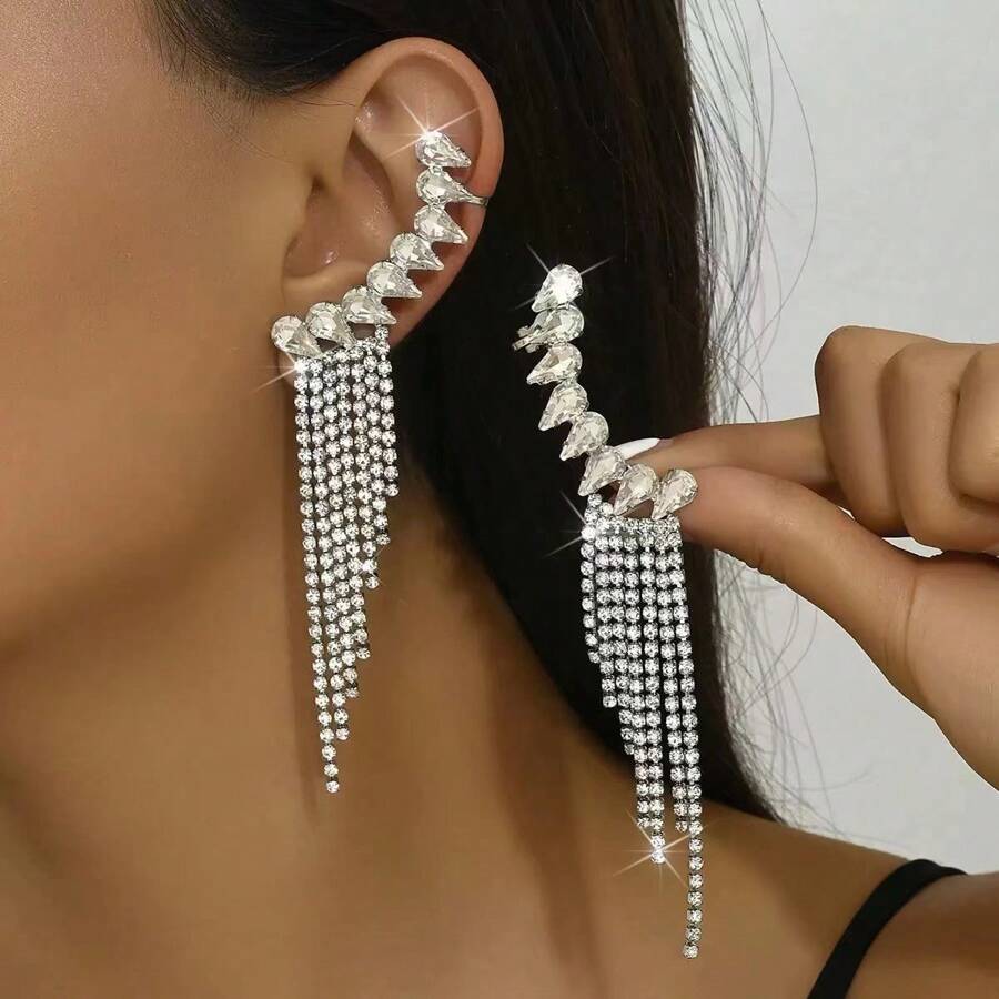 1 Par de Pendientes Colgantes de Flecos con Rhinestones Geométricos Exagerados de Moda