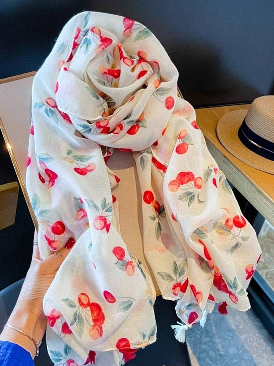 1pc Lightweight& Thin Chiffon Cherry Red Scarf, Sweet&Fresh Korean Style Versatile Sunscreen Shawl For Women, Summer