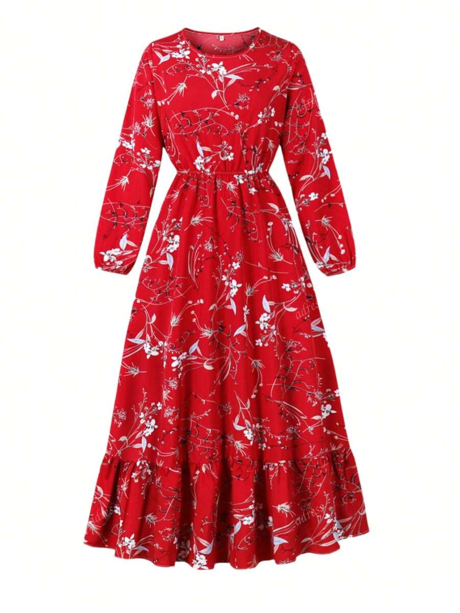 Vestido casual largo con cuello redondo y mangas largas, cintura relajada con estampado floral para primavera/otoño