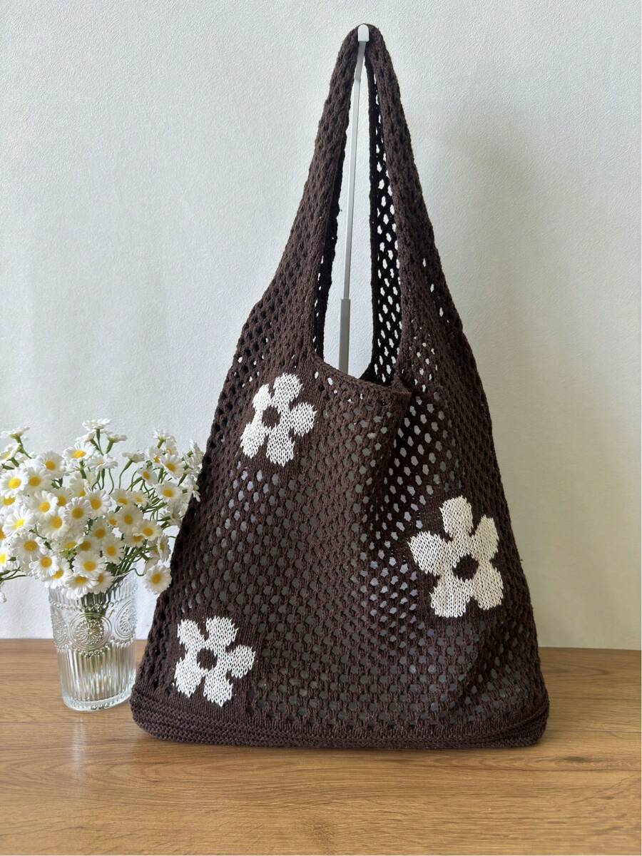 Brown Fashionable Women Knitted Bag, Hollow Floral Pattern Shoulder Bag, Suitable For Casual, Beach, Holiday, Large Capacity Woven Bag, Lightweight Summer Beach Tote, Great Gift For Women
