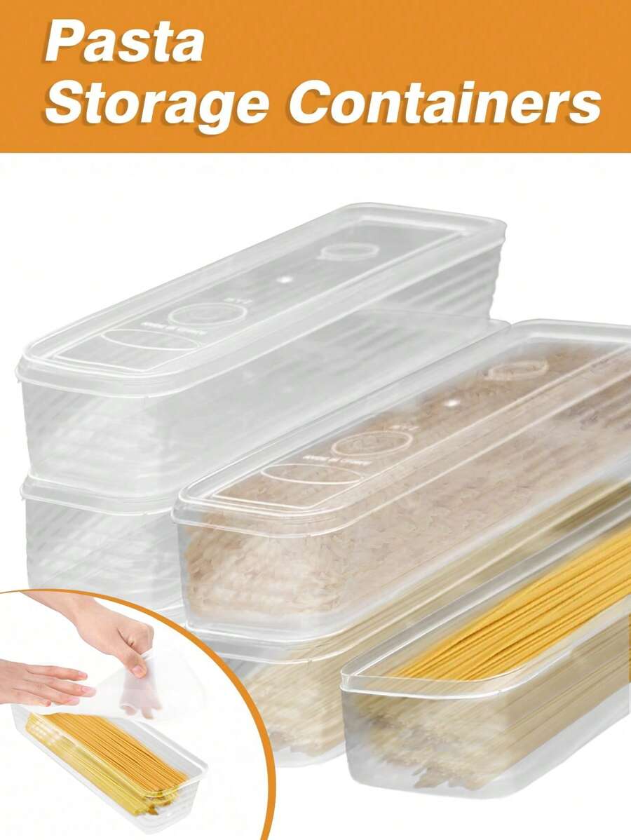 Airtight Clear Plastic Pasta Storage Container - Rectangular Spaghetti Noodles Organizer For Pantry/Refrigerator, Horizontal Space-Saving Design, Leak-Proof Food Canister (Multi-Purpose Kitchen Storage)