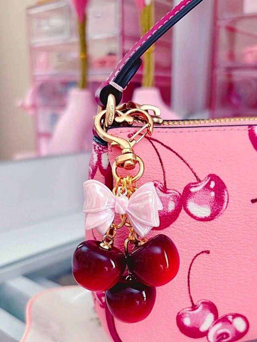 1pc Red Cherry & Pink Bow Simulated Fruit Keychain, Accessory For Women's Wallet, Outfit, Gift, ABS Plastic Material