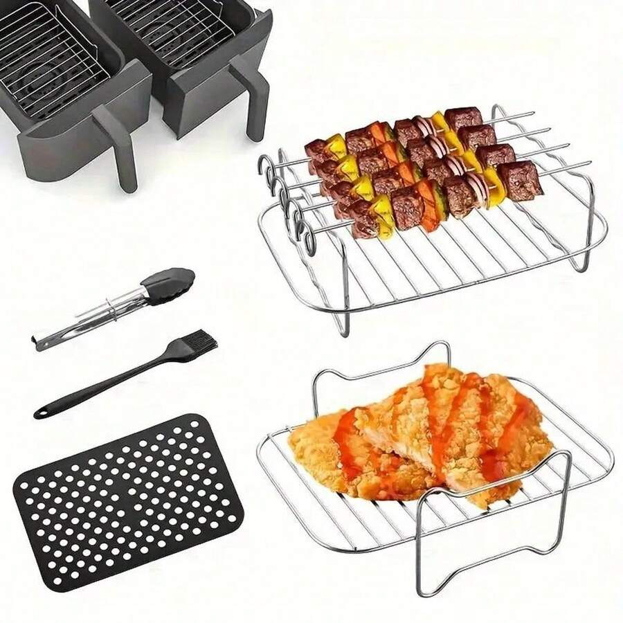Grille d'Friteuse à Air Polyvalente en Acier Inoxydable avec 4 Brochettes - Accessoire de Barbecue Intérieur/Extérieur pour Cuisine et Salle à Manger - Accessoires de Cuisson pour Barbecue, Ustensiles de Cuisine