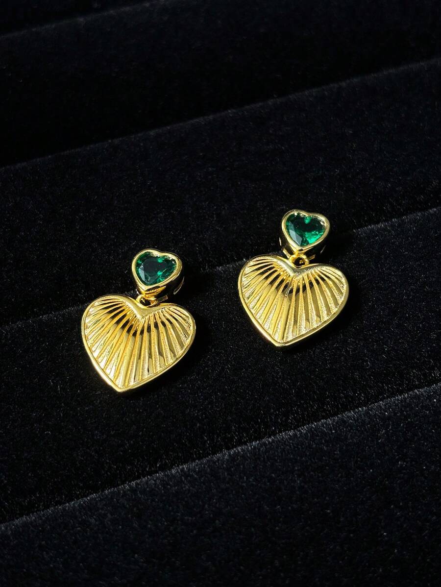 1 Pair Retro Heart-Shaped Golden Seashell Design Earrings, 925 Sterling Silver Plated 18K Gold With Green Zirconia, Cute Delicate Fashion Earrings, Elegant Quality Jewelry For Women, Suitable For Daily, Vacation, Beach, Party Wear
