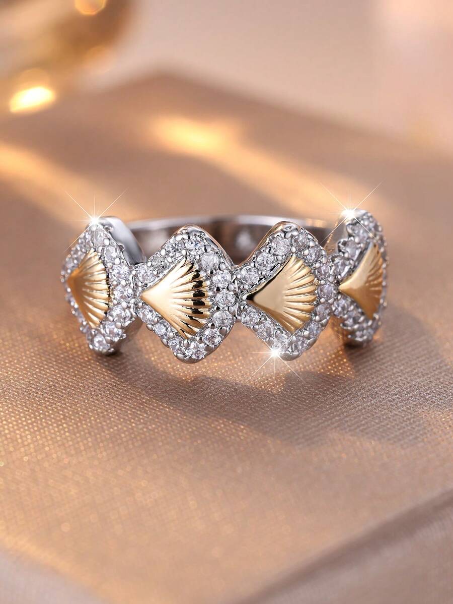 1 anel exclusivo de concha dourada com strass, adequado para férias, uso casual, dia de praia