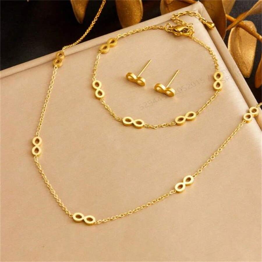 1 Set Of Gold-Plated Stainless Steel 8-Letter Smooth Surface Earrings Chain Necklace Bracelet Jewelry Set
