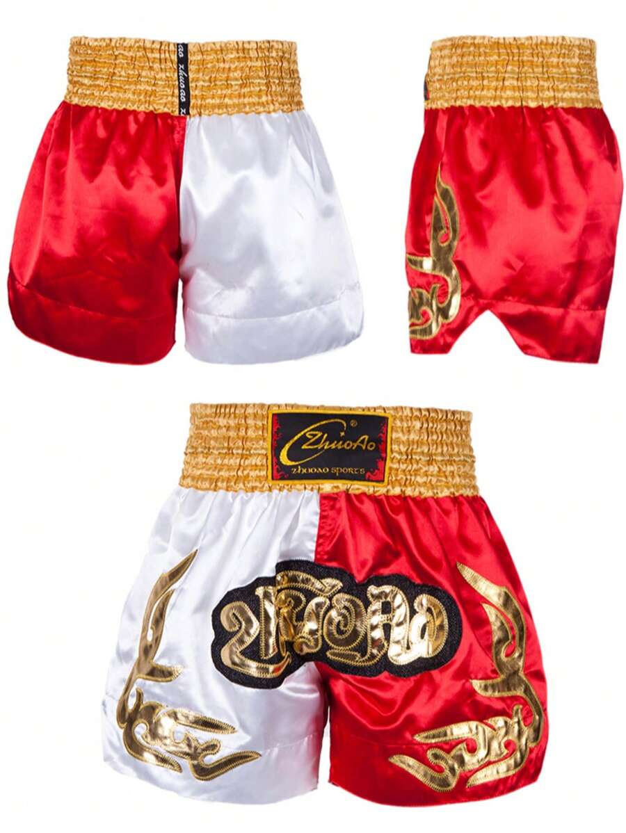Red And White Muay Thai Shorts, Boyfriend Style Patchwork Embroidered Boxing, Fighting And Combat Shorts, Training Gym Team Pants