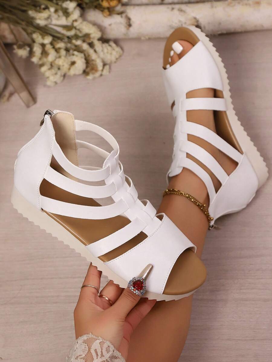 Sandalias romanas con cremallera en la espalda y diseño hueco de estilo bohemio para mujeres