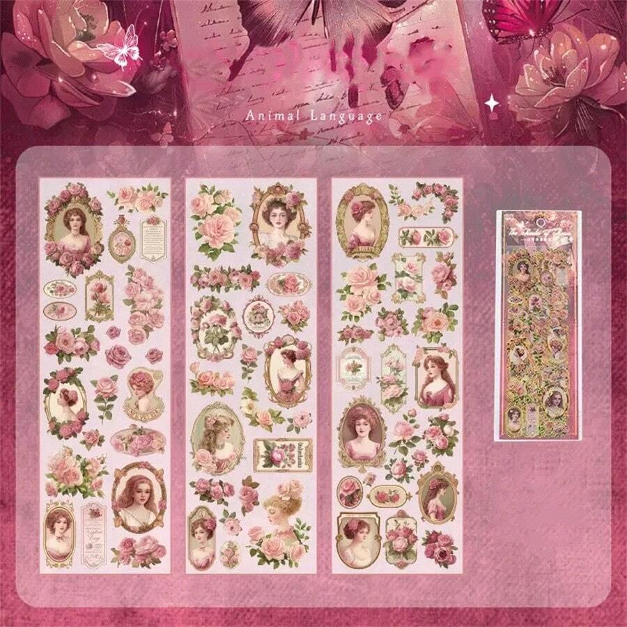 3pcs 3D Foil Stickers, Retro Figures & Floral, Scrapbooking Stickers Decor, Stunning,School Supplies,Back To School