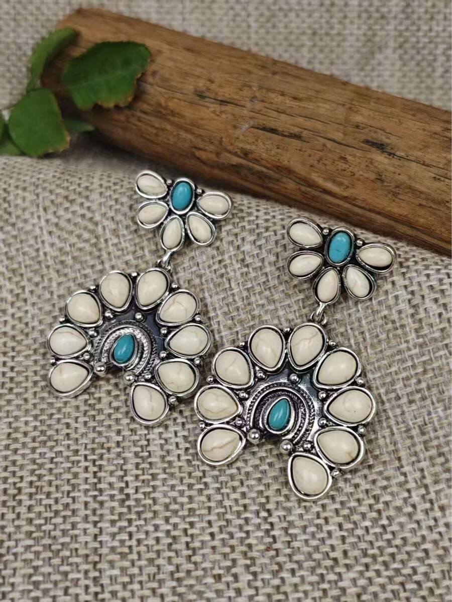 1 paio di orecchini alla moda vintage stile boho con contrasto di colore tra turchese scuro e bianco, per donne