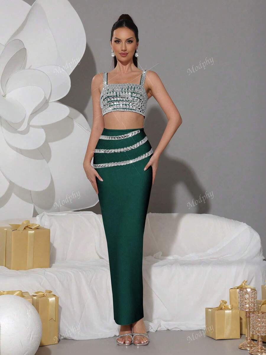 Modphy New Sparkly Rhinestone Strap Top + Long Skirt Sexy 2 Pieces Set, Elegant Ladies Party Holiday Outfit