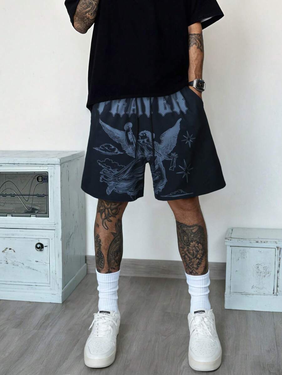 1pc Men's Fashionable Casual Sports Outdoor Woven Shorts With Angel Print, Summer