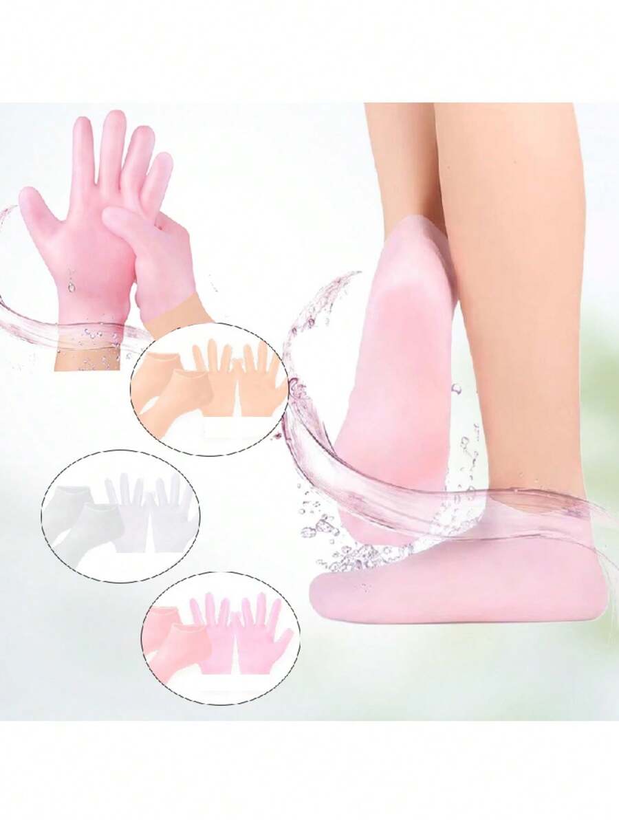 2 stuks siliconen sokken en 2 stuks siliconen handschoenen, zachte gel-hydraterende handschoenen, spa-sokken, verzachten droge voeten, gebarsten hielen voetverzorging