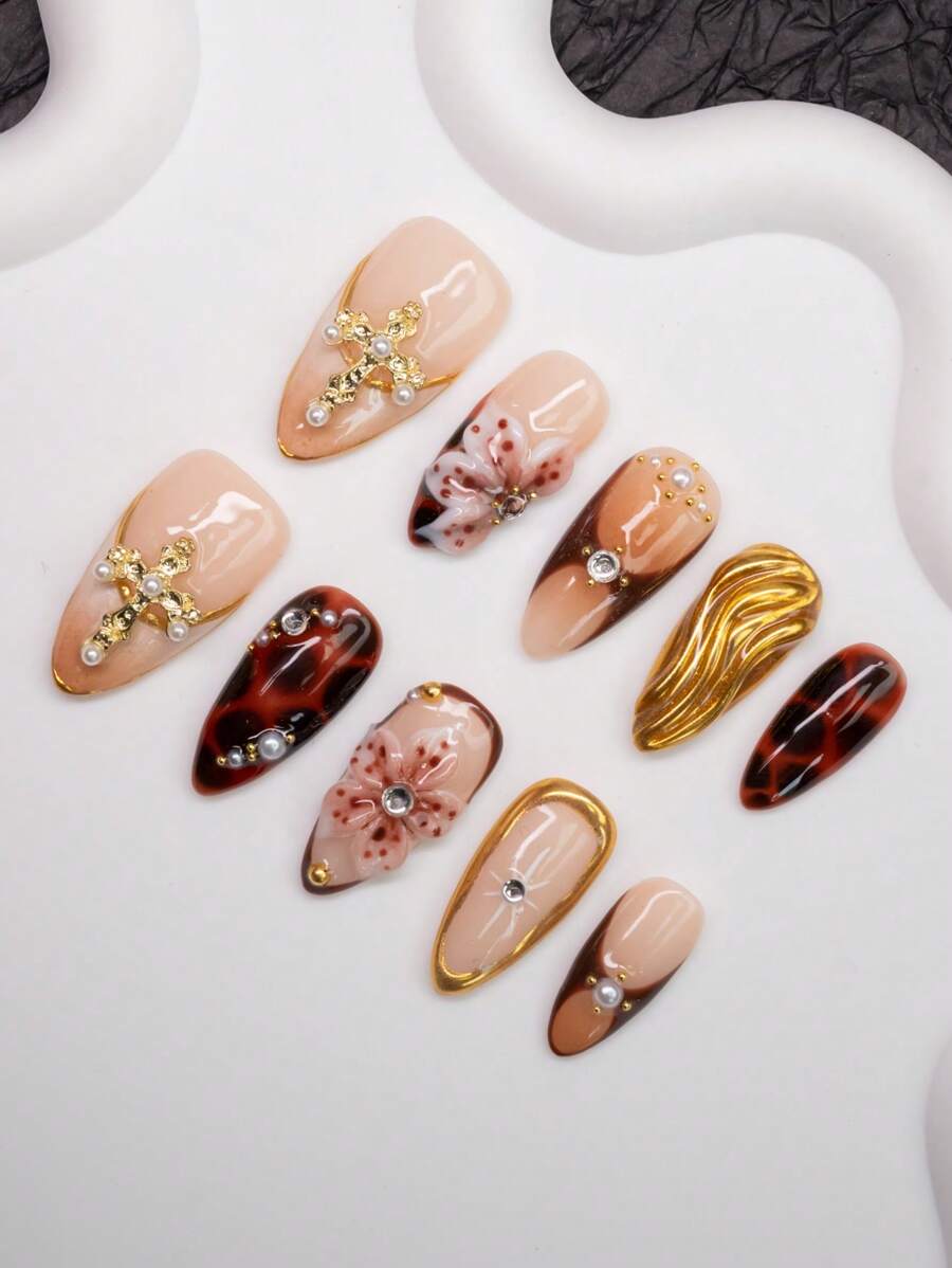 Spring/Summer Handmade Almond-Shaped Y2K Baddie Style Nail Tips, Brown, Nude, Gold Color, With Handcrafted Floral, Cross, Rhinestone, Pearl, Leopard Print Design, Suit For Women & Girls, Shiny, 10pcs/Pack 3 Sizes, Suitable For Party, Ball, Daily Wear, Includes Tool Kit, Can Be A Gift For Ladies.