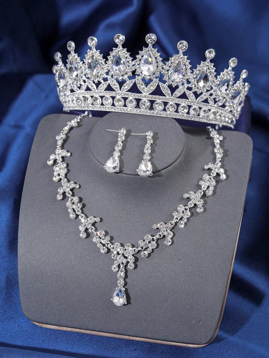 4 bucăți Coroană regina cu stras elegant pentru casă de mireasă, colier, cercei, set de bijuterii pentru femei, accesorii de petrecere